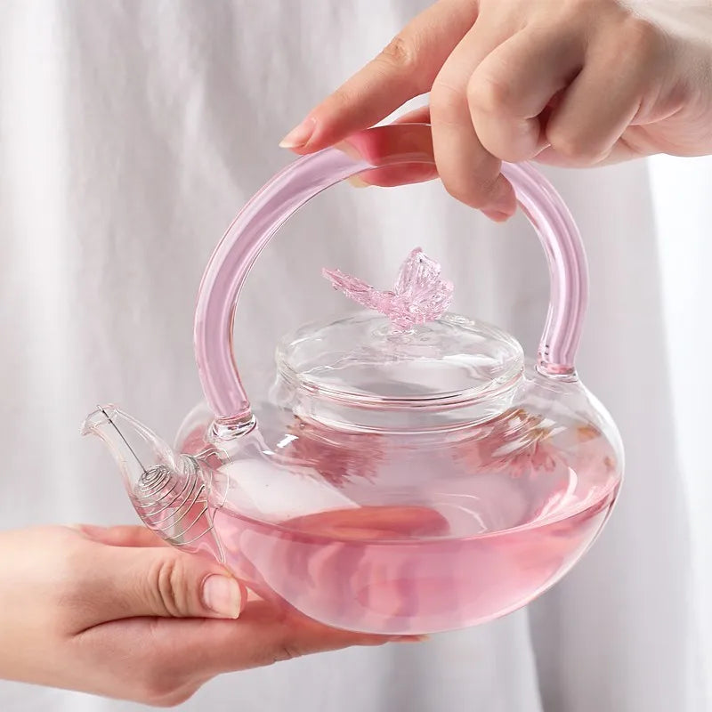 Pink Butterfly High Temperature Tea Pot High Borosilicate Transparent Glass Beam Pot Electric Clay Stove Tea Kettle Tea Cup