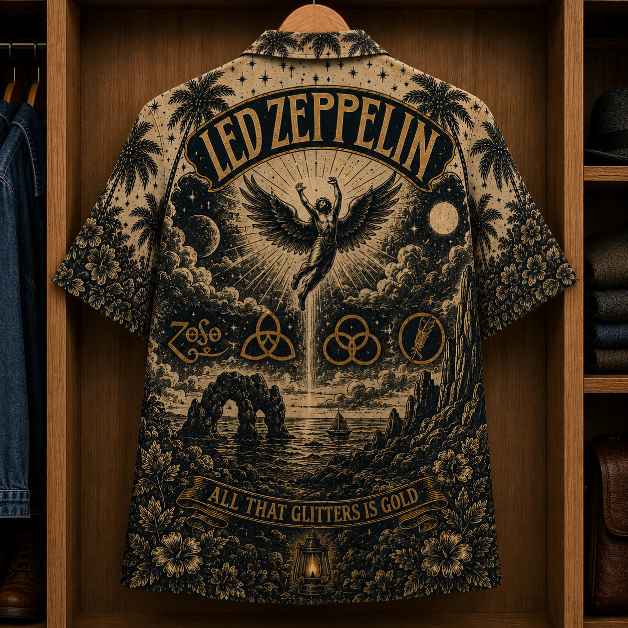 Led Zeppelin Stairway to Heaven Hawaiian Shirt - Classic Rock Band Symbols Button-Up Summer Shirt for Led Zeppelin Fans