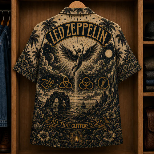 Led Zeppelin Stairway to Heaven Hawaiian Shirt - Classic Rock Band Symbols Button-Up Summer Shirt for Led Zeppelin Fans