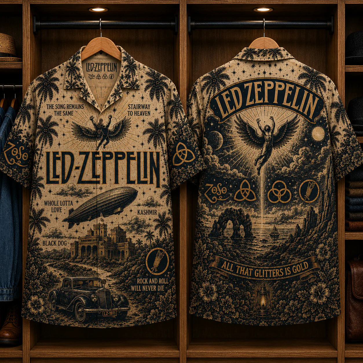 Led Zeppelin Stairway to Heaven Hawaiian Shirt - Classic Rock Band Symbols Button-Up Summer Shirt for Led Zeppelin Fans