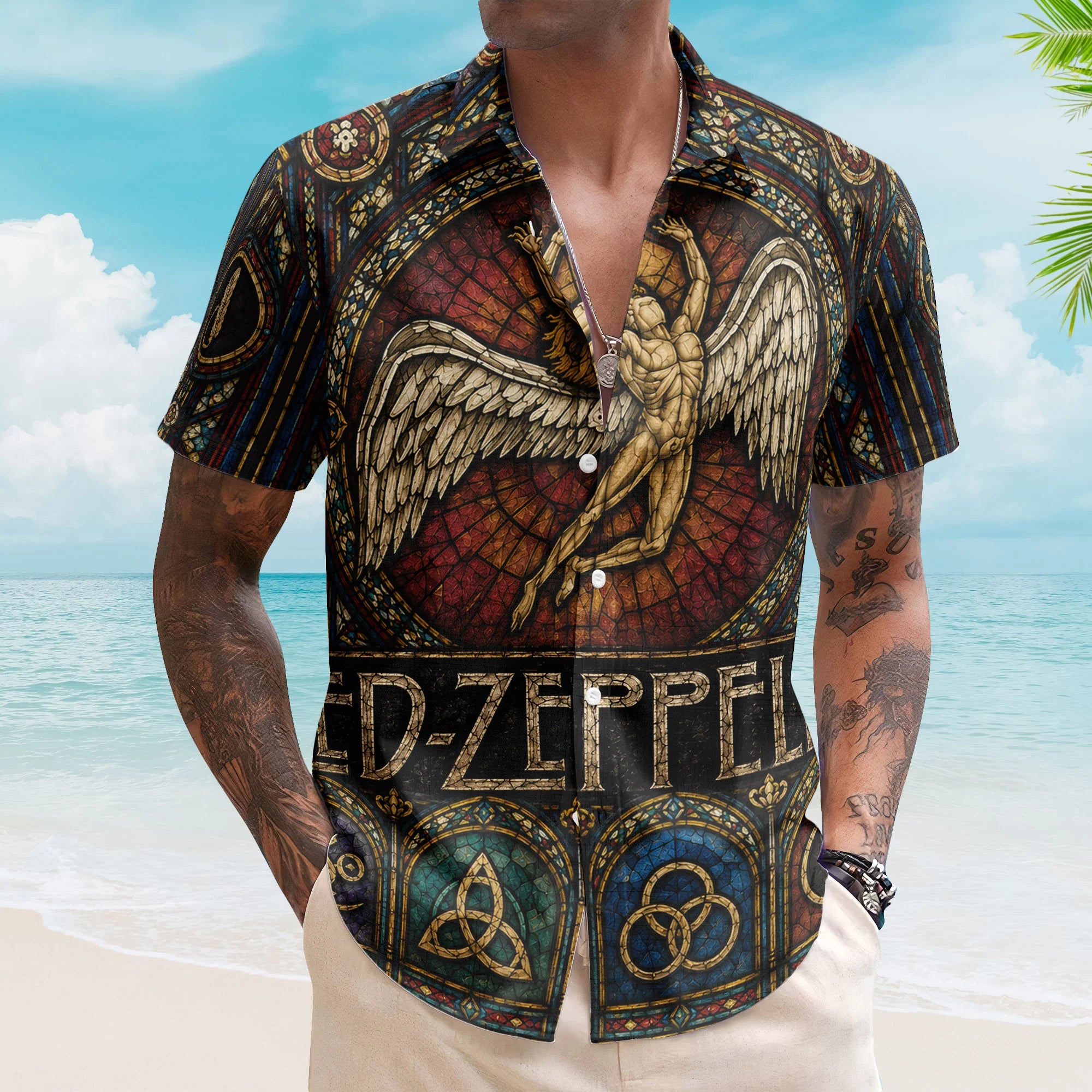 Led Zeppelin Swan Song Angel Hawaiian Shirt - Unisex Colorful Stained Glass Button Up