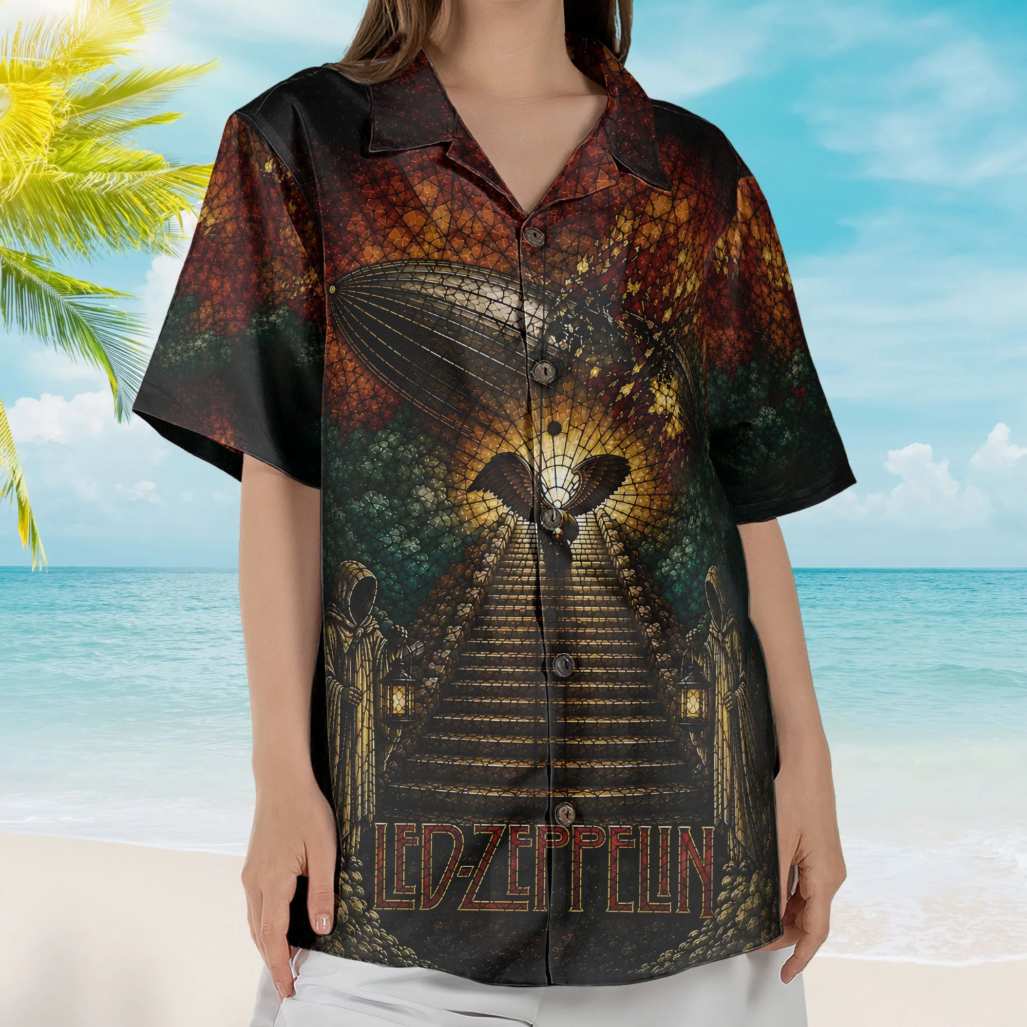 Led Zeppelin Stained Glass Hawaiian Shirt - Unisex Airship Stairway To Heaven Button Up
